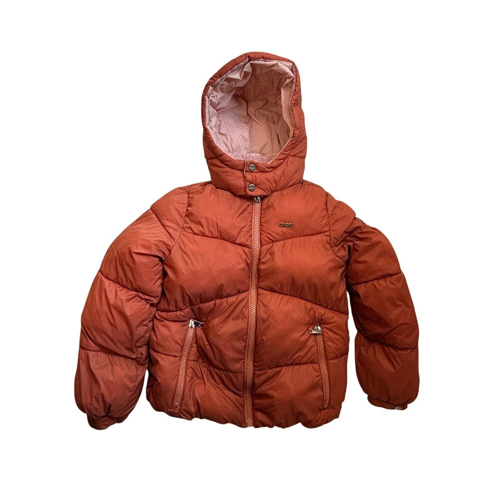 DKNY Girls M 10/12 Rust Orange Hooded Puffer Jacket Quilted Winter Coat